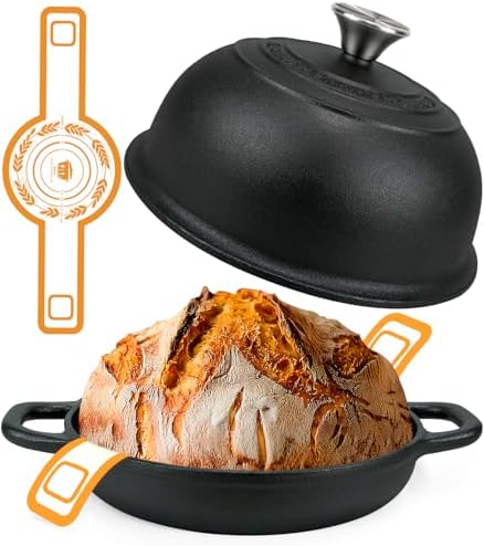 5QT Pre-Seasoned Cast Iron Dutch Oven For Bread Baking, Dutch Oven with Domed Lid, Sourdough Bread Baking Supplies, Multi-Functional Bread Pan For Baking, Frying, Roasting