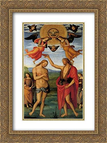 Pala Di Sant Agostino (Bautismo de Cristo) 18 x 24 pulgadas, marco adornado dorado y museo doble mate impreso por Pietro Perugino