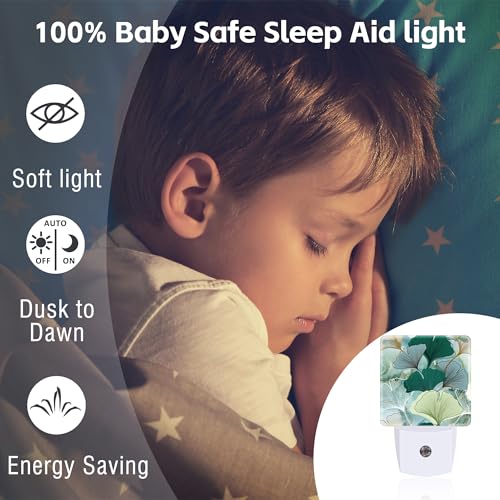 Image of Green Gold Ginkgo Leaves Night Light for Kids,Abstract Botanical Leaves Night Light Plug in with Dusk to Dawn Sensor,0.5w Energy Saving Nightlight for Hallway Stairway Kitchen Bedroom