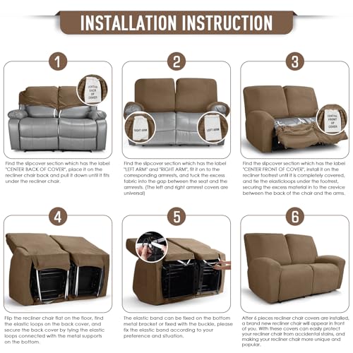 Image of TAOCOCO Recliner Loveseat Slipcover, 6 Pieces Dual Recliner Sofa Covers for 2 Seat Dual Reclining Loveseat Couch, Stretch Soft Jacquard Pattern Furniture Protector with Elasticity (Khaki)