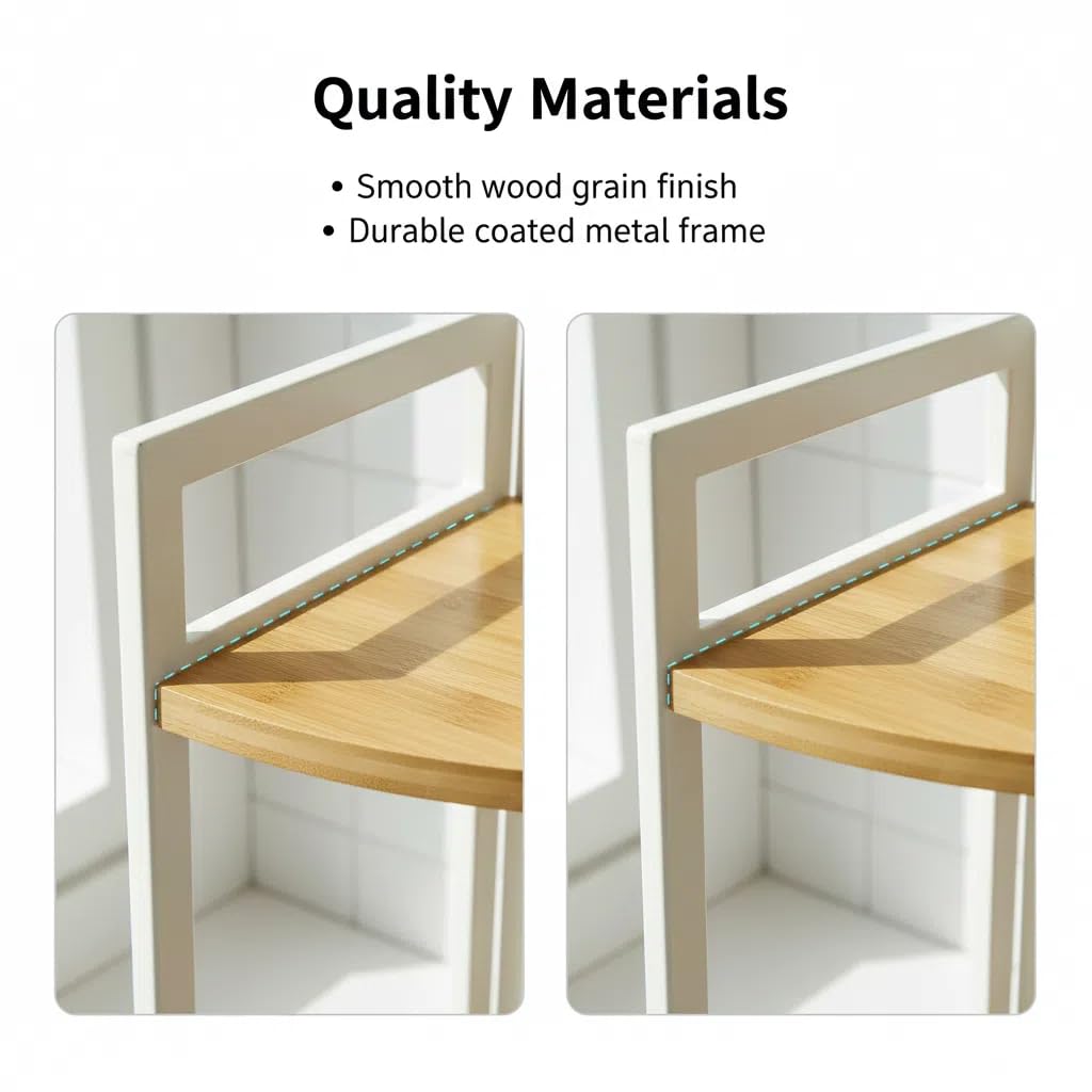 XZ-22122 Estante de Esquina de 2 Niveles con Marco de Metal Blanco y Baldas de Madera, Repisa Curva para Cocina, Estudio, Baño y Salón, Solución de Almacenaje para Rincones