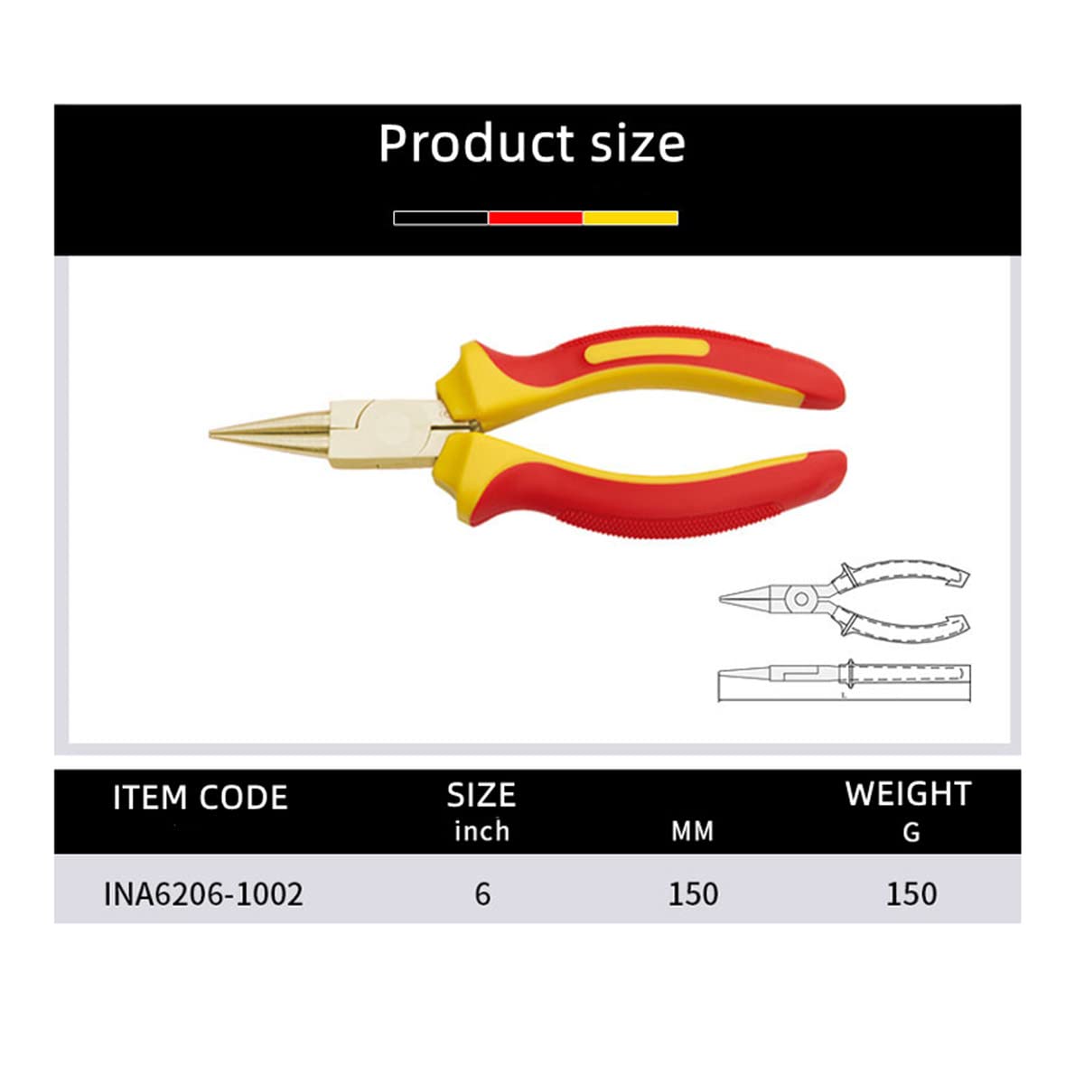 WEDO Pinze a becco tondo lunghezza 6 pollici, Pinze a iniezione di sicurezza isolate senza scintille VDE 1000V, bronzo in alluminio, struttura a testa singola, standard DIN