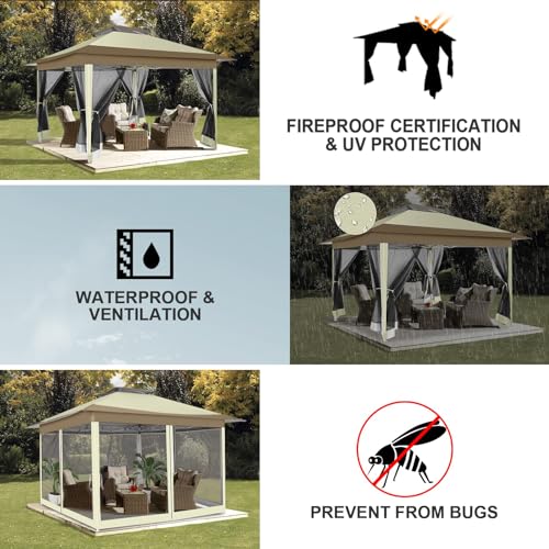 Image of COBIZI 12x12 FT Pop up Gazebo on Clearance Canopy Tent, Carpas para Patio, Easy up Outdoor Canopy Tents with Portable Storage Bag for Backyard, Outdoor Waterproof Gazebos for Garden, Camping, Khaki