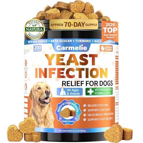 Yeast Infection Treatment for Dogs 200 Chew Carmelie Yeast Balance Healthy Itch Relief Ear Paw Care for Dog Allergy Supports Inflammation Relief for Dogs Chinken Flavor (70 Days Supply)