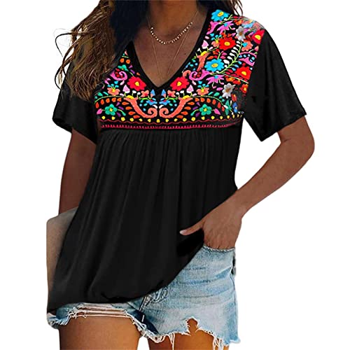 Melliflo Womens Short Sleeve Mexican Shirts Pleated Front Floral Embroidered Tee Shirt Loose Peasant Tunic Tops