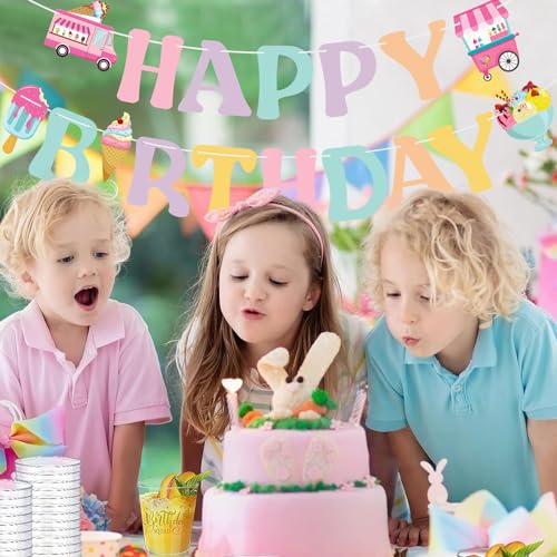 Image of Ice Cream Happy Birthday Banner - Colorful Ice Cream Birthday Party Sign Decorations for Girls Kids Summer Theme Party Supplies