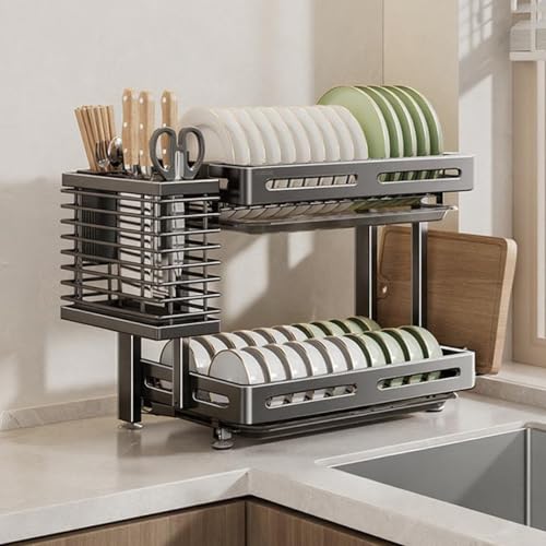 Escurridor de platos de acero inoxidable con tabla de drenaje, montado en la pared e independiente, organizador de almacenamiento sobre fregadero