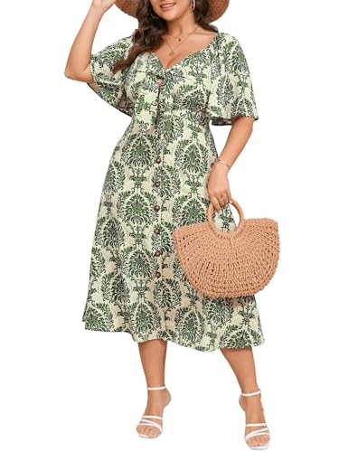 Image of SCOMCHIC Plus Size Summer Dress Casual Short Sleeve Bow Tie Deep V Neck Smocked Button Down Midi Flowy A-line Boho Dresses