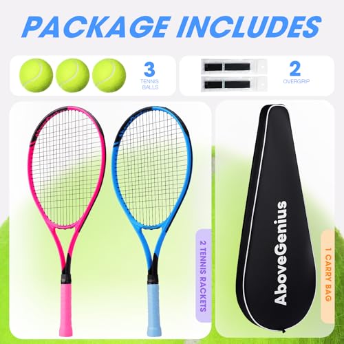 Image of AboveGenius 27 inch Tennis Racket Set,2 Pack Adult Tennis Racquets for Beginners & Intermediate,Pre-Strung 105sq in Oversized Head,Include 3 Balls, 2 Overgrips & Carry Bag for Women & Men (Pink /Blue)