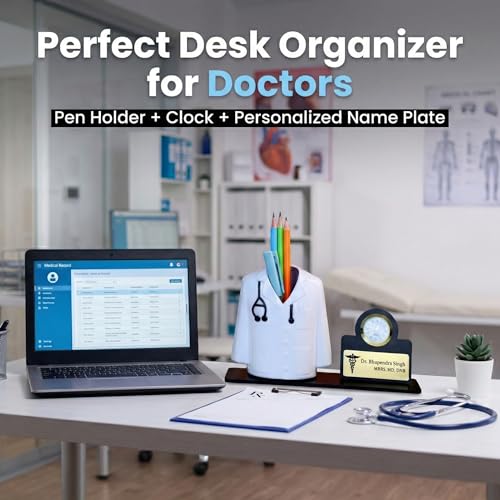 Image of Medical Theme Desk Organizer with clock - personalized gift to a doctor Pen Stand | Unique Apron /Coat Shape Pencil Holder | A gift to doctors female, male & Medical Aspirants