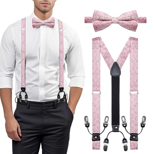 Image of YOHOWA Men Suspenders 6 Clips Strength Adjustable Y Braces Pre-Tied Bow Tie Set Formal Wedding Party