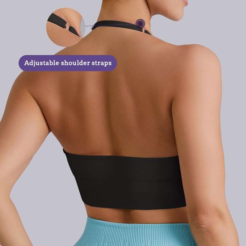 Soutien-Gorge de Sport Femme Dos Nu Sexy décolleté en V Profond Halter Neck Push Up Rembourré sans Armature sans-Couture Bra Confort Yoga Pilates Fitness