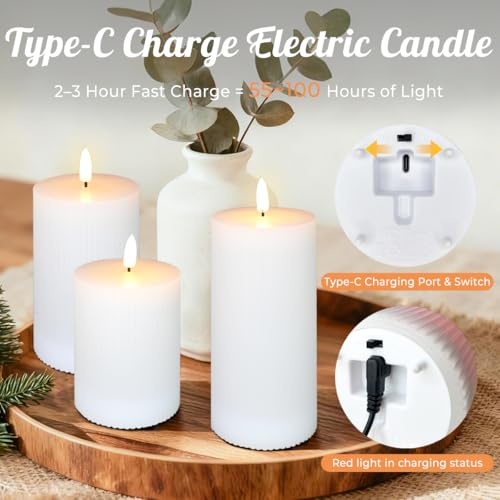 Image of LEDHOLYT Rechargeable Flameless LED Pillar Candles-Luminous Real Wax Indoor Home Decor-Set of 3, Realistic Flickering LED Flame,Remote & Timer, USB-Rechargeable（White）