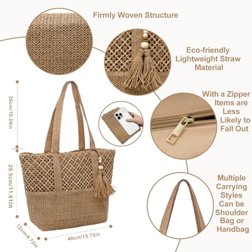 Bolso de hombro tejido de paja para mujer grande plegable miniatura 4