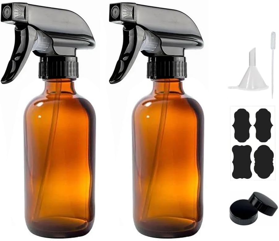 8 oz Amber Glass Spray Bottles - 2 Pack Refillable Empty Bottle for Cleaning Solutions, Essential Oils, Plants, Hair Mister - with Labels &Funnel, Dropper