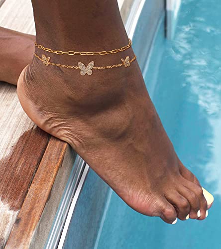Kenivira 14K Gold Butterfly Anklet For Women Butterfly Ankle Bracelets Dainty Double Layred Waterproof Tiny Paperclip Chain Anklet Foot Chain Link Beach Anklets Jewelry Valentines Day Gifts #TOP1