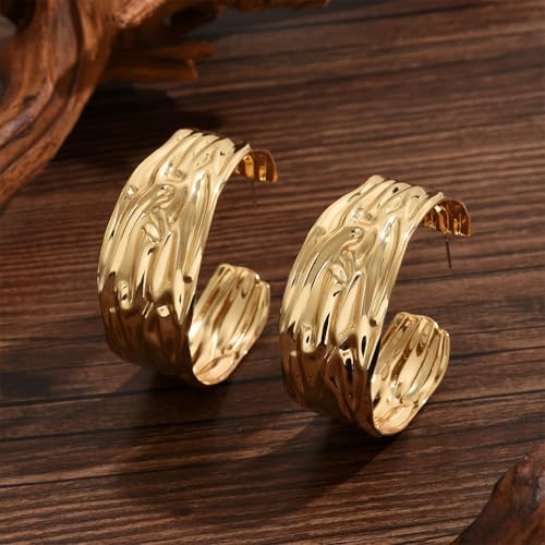 Statement Gold Hammered Wide Hoop Earrings for Women Trendy, Chunky Large Circle Big Huggie Drop Dangle Earring Unique Party Jewelry Accessories Gifts4