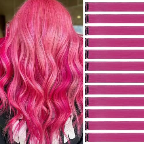 Extension Capelli Colorati Con Clip Rosa rosso 12 pezzi 22 pollici Lungo Dritto Sintetiche Resistenti al Calore per Bambini Ragazze Donne Festival Feste Halloween Cosplay