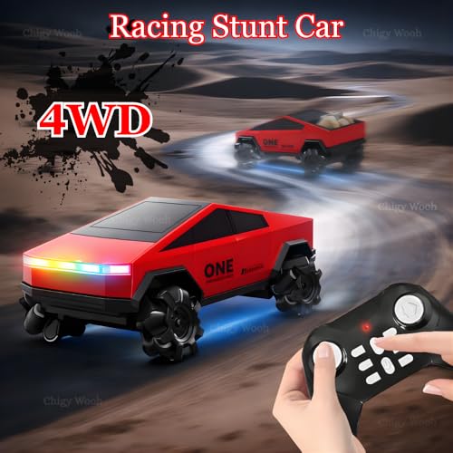 Image of RC Tesla Cyber Truck Style Stunt Car for Kids - 2.4GHz Remote Control Drift & Side Driving Toy | Scale 1:28 | 7 LED Colors of Light with Hand Gesture Control (Random Color)