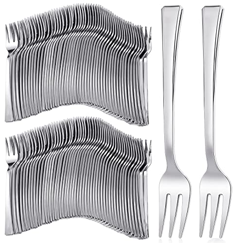 Yinkin 300 Pieces Plastic Mini Appetizer Forks 4.53 Inch Stainless Steel Finished Silver Disposable Silverware Heavy Duty Plastic Tasting Dessert Forks for Party Wedding Catering