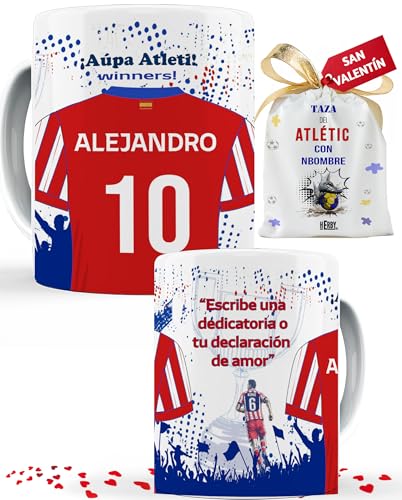 Taza del Atlético personalizada con nombre y número, diseños de tazas de futbol para fans del Atlético, tu equipo favorito en taza de cerámica de café, té, chocolate 325 ml(Atléticocerámica)