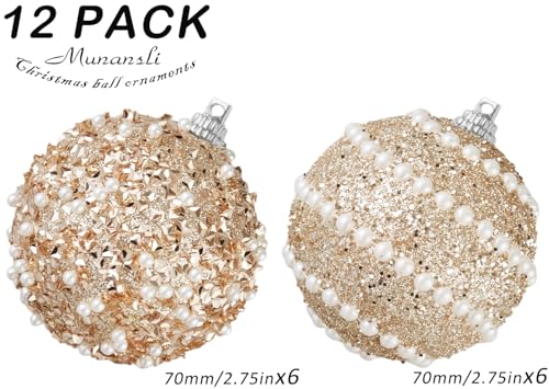 Champagne Gold Christmas Ball Ornaments,12ct Christmas Tree Shatterproof Plastic Hanging Sequin Xmas Balls for Festivals Holiday Party Decorations(70mm/2.76") - image 3