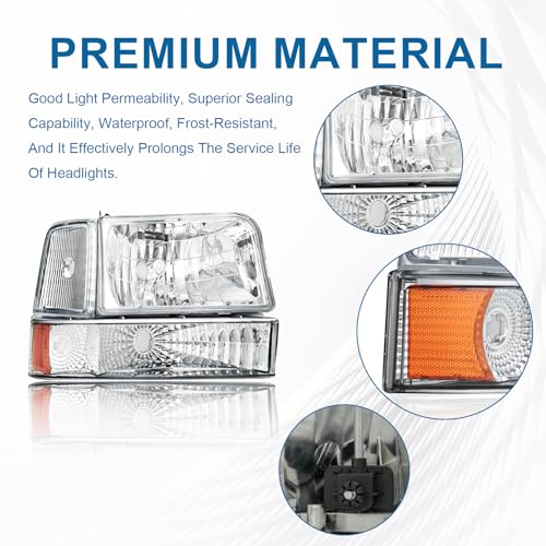 Image of Headlights for 92-96 Ford F150 F250 F350 Bronco 1992 1993 1994 1995 1996 Replacements Assembly Chrome Housing Amber Reflector