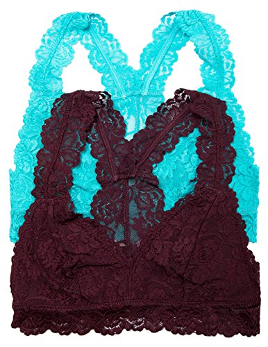 Caramel Cantina 2 Pack Lined Lace Racerback Bralette (Small, Teal/Burg)