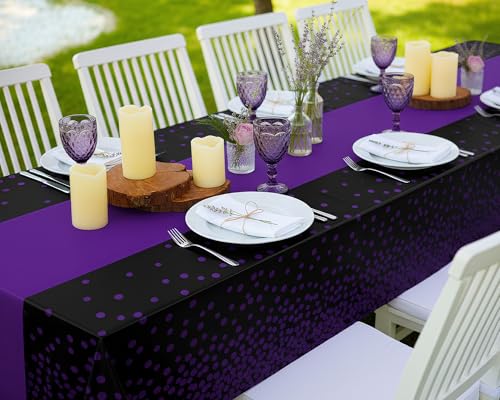 Image of Oudain 6 Pcs Purple and Black Tablecloth for Parties Plastic Dot Tablecloths Printed Table Runner Waterproof Disposable Rectangle Table Cover for Christmas Birthday Wedding Party, 54 inch x 108 inch