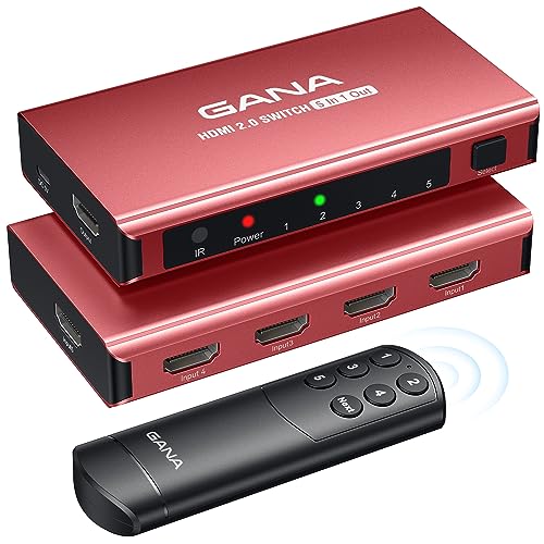 Image of HDMI Switch 5 in 1 Out 4K@60Hz, GANA HDMI Splitter Switcher with Remote, Aluminum HDMI 2.0 Switch Box Hub for 3D, HDCP2.2, HDR, Compatible with Xbox, PS5 /4 /3,Fire Stick,Roku,Blu-Ray Player, Red