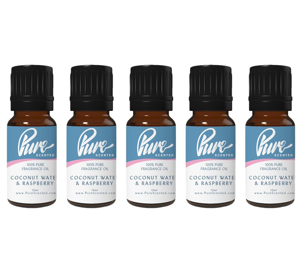 Pure Scented 50ml Fragrance Oils - 5 x 10ml Suitable for Candles, Soaps, Slime, Diffusers, Cosmetics, Wax Melts, Designer (5 x 10ml, Coconut Water & Raspberry)