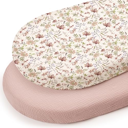 Image of lulumoon Baby Bassinet Sheets Muslin: Soft Fitted Bassinet Sheets Floral for Girls - Fit for Oval Rectangle or Hourglass Mattress