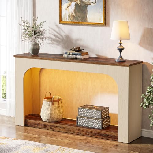 Tribesigns 55-Inch Console Table with LED Lights, Farmhouse 2-Tier Narrow Sofa Table with Storage, Wood Foyer Entryway Behind Couch Table for Living Room, Hallway, Entrance, Rustic Brown & Light Oak