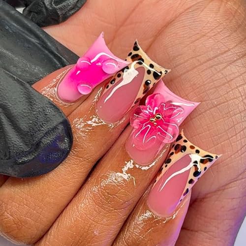 Image of NBNTGH Leopard Print French Tip Press On Nails Pink Fake Nails Medium Duck False Nails with Design Flower Glossy Stick On Nails for Women Reusable Artificial Acrylic Full Cover Manicure 24Pcs