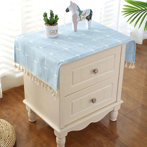 SIELUNO Nightstand Table Tassel Cover Cloth, Rustic Rectangle Linen Coffee Table Cloth Suitable for Bedside Table TV Microwave Washing Machine Refrigerator Top Dust Cover-Blue Plaid-16x36 Inch