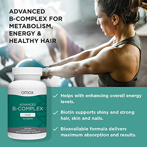 Omax Advanced Vitamin B Complex 50Mg With Biotin | Strong & Shiny Hair, Skin Nails, Support Stress, Immunity, Energy Metabolism, 90 Capsules #TOP4