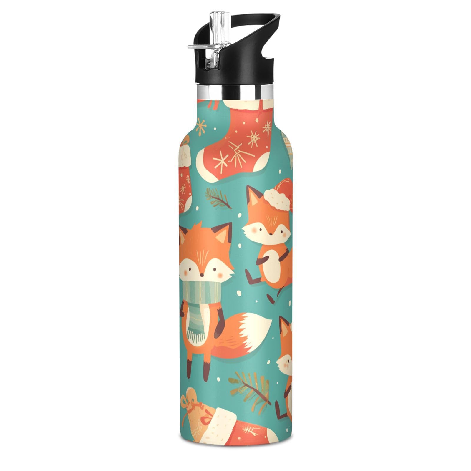 Kaaviyo Boys Pattern Christmas Foxes Festive Hats Water Bottle Stainless Steel Jug Insulated Vacuum Cup For Girls(600Ml)