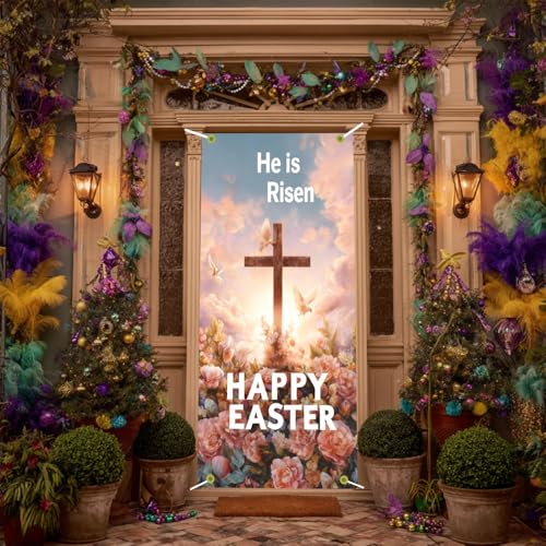 Image of Religious Easter Door Cover He is Risen Happy Easter Cross Door Banner Christian Easter Door Covers for Front Door Spring Easter Decorations 35x71 Inch