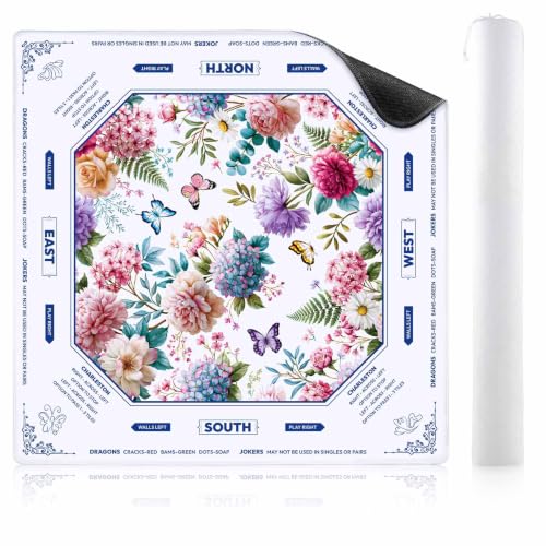 American Mahjong Mat with Rules 33'x33', Anti‑Slip Noise‑Reducing Mahjong Mats for Table with Storage Bag, Mahjong Table Cloth with Floral & Butterfly Pattern for American Mahjong, Poker, Card & Games