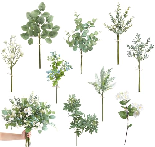 Consejos y reviews para comprar Vegetacion artificial tabla con los diez mejores. 29 GLUUFLOWER - Caja de spray artificial para vegetación artificial, juego de púas de follaje para ramo de boda, centros de mesa y arreglo floral (blanco, verde azul), GLP004