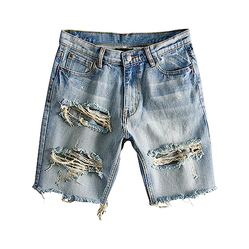 Generic Men's Street Style Jean Shorts Distressed Classic Fit Frayed Short Jean Pants Fashion Ripped Knee Lenght Half Jeans (Light Blue,Large)