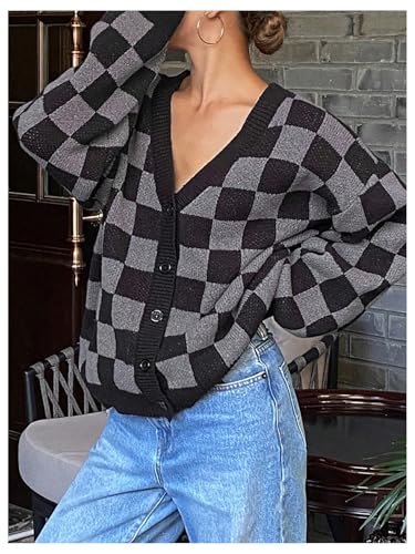SOLY HUX Women's Checkered Button Down Cardigan Sweater V Neck Long Sleeve Loose Outerwear4