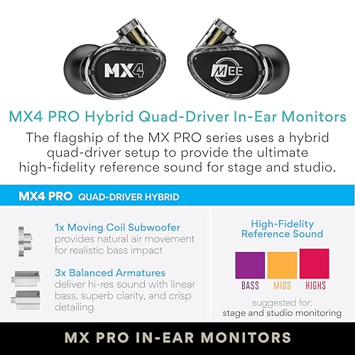 Image of MEE audio MX4 PRO Musicians' in-Ear Monitors Wired + Wireless Combo Pack: Includes MX4 PRO Quad-Driver Hybrid IEMs, 2 Cables, and Hi-Res Bluetooth Audio Adapter w /aptX, LDAC, & Headset (Black)