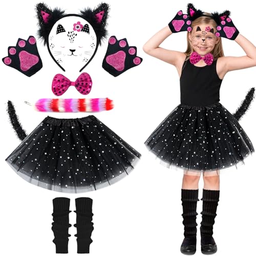 Ulikey 10pcs Costume Gatto Bambina, Gatto Cosplay Set con Tutu Gonna Cerchietti Orecchie Coda Fiocco Guanti a Zampa Adesivi Scaldamuscoli, Costumi di Carnevale Halloween Natale Bambini Animali Festa