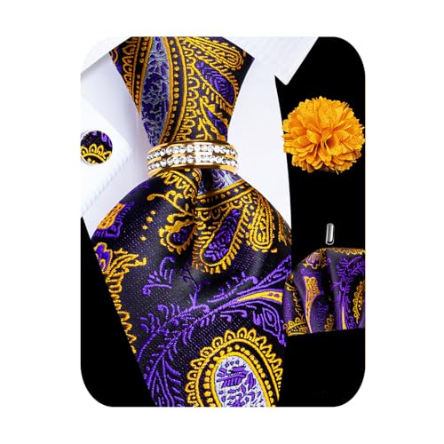 Image of 5PCS Tie and Pocket Square for Men, Silk Necktie and Handkerchief Cufflinks with Gold Ring and Lapel Pin Set