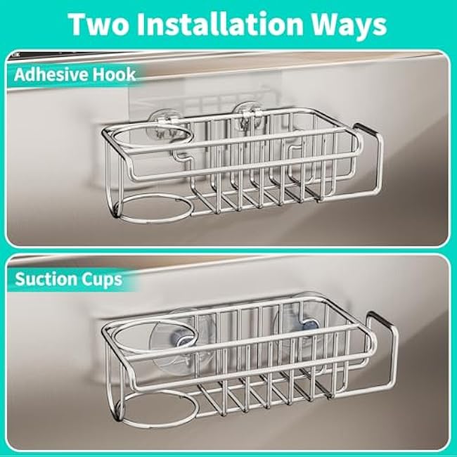 HapiRm 4 in 1 Sink Caddy Sponge Holder, SUS304 Stainless Steel Kitchen Brush Holder + Dish Cloth Hanger + Soap Rack + Sink Stopper Rack + Sponge Caddy for Kitchen - Silver