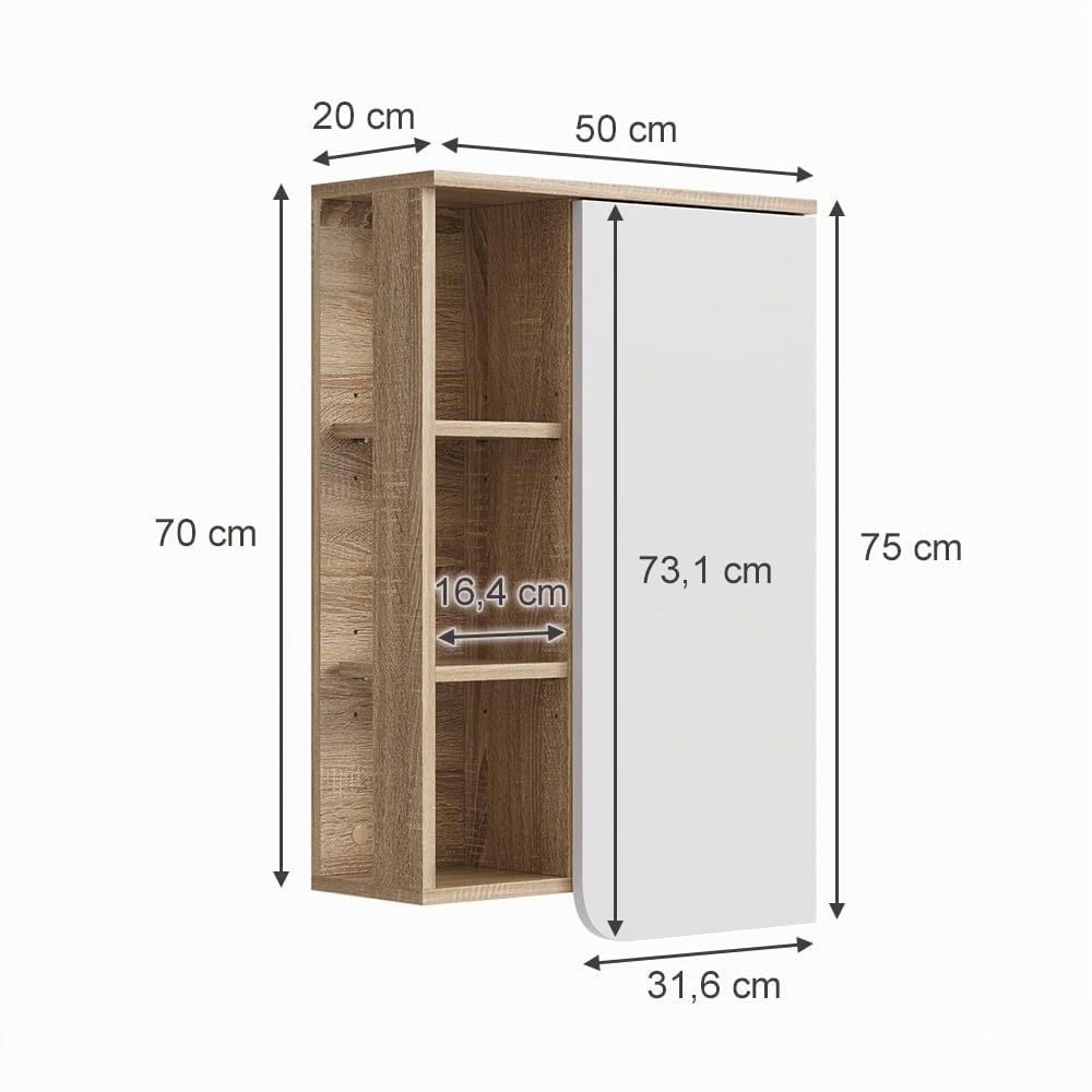 Vicco Armario de baño Karen, Sonoma/Blanco, 50 x 75 cm | con puerta y compartimentos abiertos, para montaje en pared con estantes abiertos y cerrados