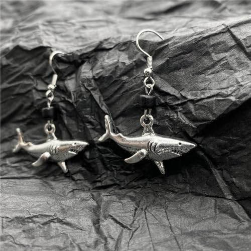 Silver Shark Earrings With Black Wooden Bead for Women Men (Silver Shark)4