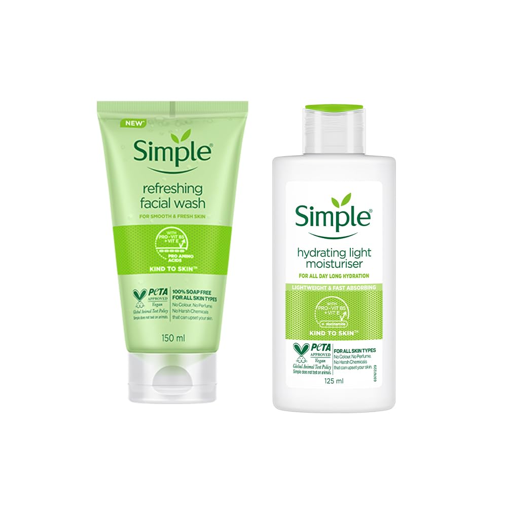 Simple Kind To Skin Refreshing Facial Wash 150 Ml & Hydrating Light Moisturiser| Face Cream for All Skin Types|125 ml