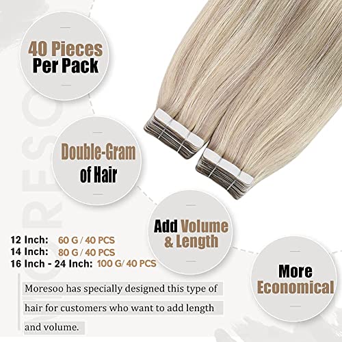 Image of Moresoo Hair Extensions Tape Ash Blonde 22in 40Pcs 100g | Hair extensions tape, added density, long straight strands, platinum dimension for French twists and formal event use